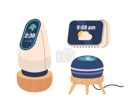Illustration for Variety Of Modern Smart Speakers, Each Distinctively Designed With Stylish Wooden Stands And Colorful Displays Showing Time and Options. Cartoon Vector Illustration Ideal For Technology-themed Designs - Royalty Free Image