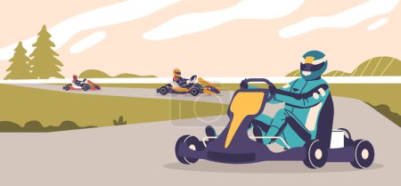 Illustration for Outdoor Go-kart Race With Multiple Karts Speeding Along Scenic Track, Surrounded By Trees And Hills. Vector Image Conveys Exhilaration And Competition In Leisure Activity. Cartoon People Illustration - Royalty Free Image