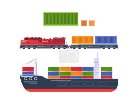 Various Cargo Transportation Methods. Red Locomotive Train With Colorful Cargo Containers And A Large Black Cargo Ship Loaded With Multicolored Containers, Concept Of Import, Export And Logistics