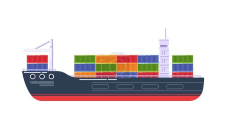Illustration for Modern Cargo Ship, Fully Loaded With Colorful Containers Isolated On White Background. Vibrant Cartoon Vector Illustration For Showcasing Logistics, Global Trade, And Maritime Transport Concepts - Royalty Free Image