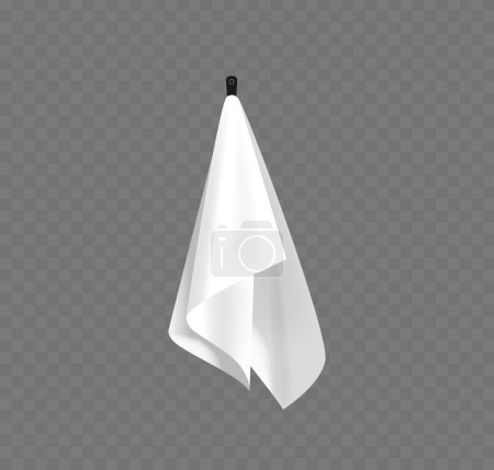 Illustration for Pristine White Terry Towel Elegantly Hangs From A Sleek Black Hook Isolated On Transparent Background. Realistic 3d Vector Illustration of Textile Mockup Perfect For Bathroom Decor And Hygiene Themes - Royalty Free Image