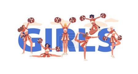 Mädchen-Konzept mit einer vielfältigen Gruppe junger weiblicher Cheerleader-Charaktere, die energiegeladene Posen mit Pom Poms zeigen, die Teamwork, Stärke und sportliche Aktivitäten fördern. Vector Poster, Banner oder Flyer