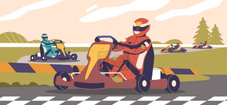 Illustration for Go-kart Race With Multiple Drivers Sharply Maneuvering Their Karts On A Curvy Outdoor Track. Colorful Karts Speed Past Under A Cloudy Sky Capturing The Intensity And Fun Of Karting In Summer Landscape - Royalty Free Image