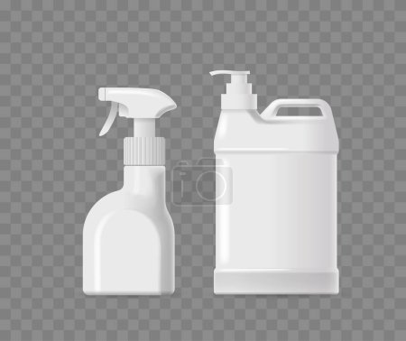 Illustration for Plastic Detergent Bottles For Cleaning Tasks, Equipped With A Pump Or Gun Dispenser, Showcasing Versatility And Functionality In Household Cleaning Solutions. Isolated Realistic 3d Vector Illustration - Royalty Free Image