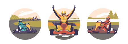 Three Round Icons Of Drivers In Go-karts Racing Across Varied Landscapes. One Driver Celebrates A Win Exuberantly, Arms Raised In Triumph, Highlighting The Excitement And Competitive Spirit Of Karting