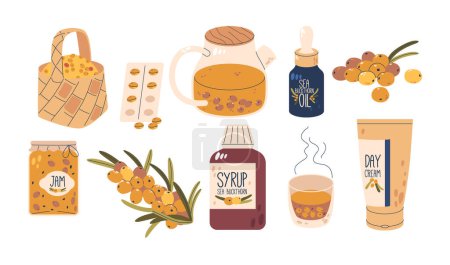 Illustration for Diverse Sea Buckthorn Products, Including Oil, Jam, Syrup, Day Cream, And Capsules. Isolated Set of Items Emphasize The Natural Origin And Health Benefits Of Sea Buckthorn. Cartoon Vector Illustration - Royalty Free Image