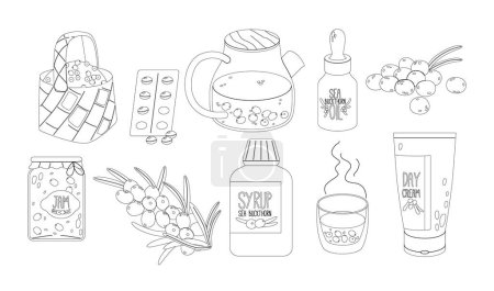 Illustration for Black And White Outline Vector Set Showcasing A Variety Of Sea Buckthorn Products, Including Oil, Jam, Day Cream, Syrup, Tea, And Fresh Berries, Monochrome Linear Icons, Coloring Book Illustration - Royalty Free Image