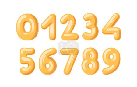 Ilustración de Conjunto de vectores de números 3d de cero a nueve en color amarillo vibrante con acabado brillante y formas lúdicas. Dibujos animados diseñados creativamente dígitos para el diseño educativo, y propósitos numéricos de la exhibición - Imagen libre de derechos
