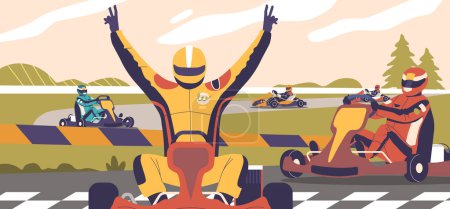 Aufregender Moment eines Go-Kart-Rennens mit Fahrern in bunten Rennanzügen und Helmen. Cartoon Vector Illustration zeigt Feierlaune mit Fahrer, der in Siegergeste die Hände auf der Strecke hebt