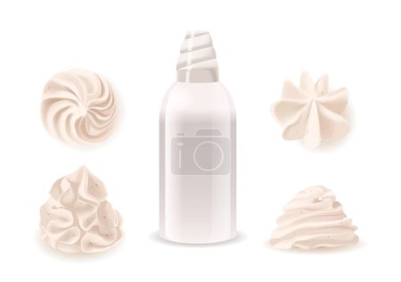 Various Whipped Cream Designs and Cream Dispenser. Isolated Realistic 3d Vector Illustration Includes Distinct Shapes And Textures Of Whipped Cream Swirl Ideal For Culinary And Dessert-themed Projects