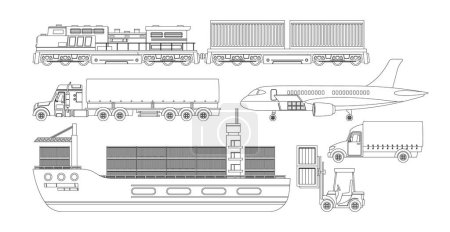 Global Cargo Transportation Vehicles Black And White Vector Icons Set. Plane, Freight Train, Shipping Container, Delivery Truck And Cargo Ship. Elements For Logistic, Shipping, Transport Themed Design