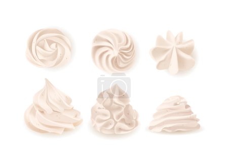 Whipped Cream Swirls, Design Elements Arranged Neatly on White Background, Highlighting Different Textures And Shapes. Isolated Realistic 3d Vector Illustration Suitable For Culinary Presentations