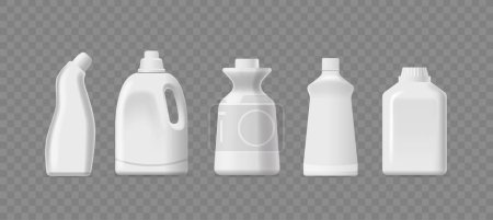Collection Of Blank Plastic Detergent Bottles, Each With A Unique Shape Isolated On Transparent Background. Detergent Bottle Package Designs And Packaging Mockup. Realistic 3d Vector Illustration