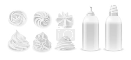 Illustration for Collection Of Different Whipped Cream And Two Types Of Dispensers In Monochrome Style. Isolated Realistic 3d Vector Illustration Includes Swirls, Peaks, And Dollops For Culinary And Bakery Themes - Royalty Free Image
