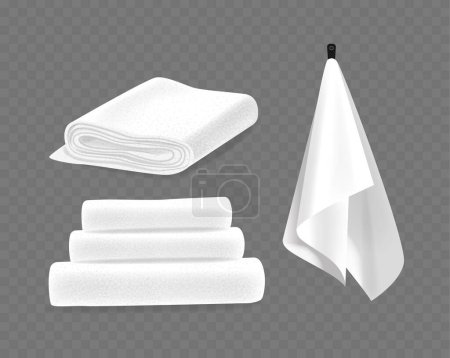 Set Of Realistic 3d Vector Terry Towels, Featuring Rolled And Folded Towels Aligned Neatly. White Color Emphasizes Cleanliness And Luxury, Ideal For Use In Bathrooms, Spas, Or As Domestic Essential