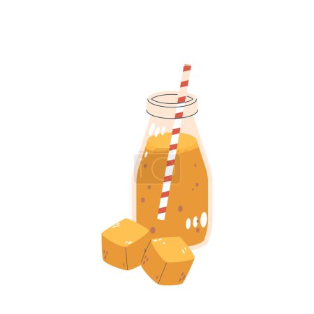 Frischer Mango-Cocktail serviert in einer Glasflasche, begleitet von Eiswürfeln und gestreiftem Stroh. Lebendige und appetitliche Getränke Cartoon Vector Illustration ist perfekt für Sommergetränke und tropische Themen