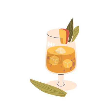 Verre à cocktail rafraîchissant à la mangue garni d'une tranche de mangue, de glaçons et de feuilles tropicales. Illustration vectorielle de boisson d'été idéale pour les menus, les publicités de boissons et les blogs de style de vie