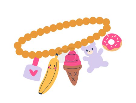 Illustration for Adorable And Playful Children Necklace Features A Vibrant Array Of Charms Including A Smiling Banana, A Pink Ice Cream, A Fluffy Teddy Bear, And A Sprinkled Donut. Child Accessory Vector Collection - Royalty Free Image