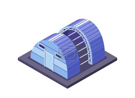 Isometric View Of A Modern Industrial Storage Building. Vector Architecture Showcases A Unique Metal Frame Construction With A Blue Color. Industry, Storage Solutions, And Warehouse Management Concept