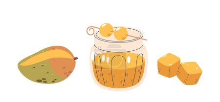 Refreshing Mango Cocktail, Served In Stylish Glass Jar, Accompanied By Fresh, Whole Mango And Neatly Cubed Pieces Of Mango On The Side. Summer Drinks with Tropical Flavors. Cartoon Vector Illustration