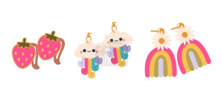 Illustration for Charming Collection Of Children Jewelry Featuring Kawaii Strawberry Hairpins, Cloud With Rainbow Drops And Rainbow Earrings In Vibrant Colors. Vector Kids Accessories Perfect For Jewelry Catalogs - Royalty Free Image