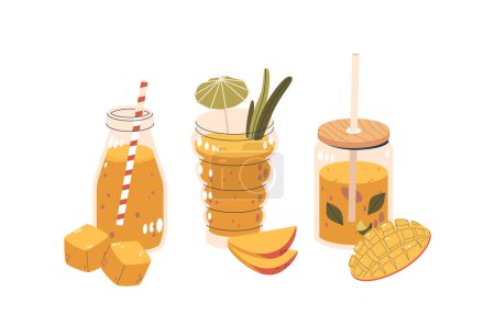 Cocktails de mangue servis dans différentes verreries, décorés de tranches de mangue fraîches et d'ornements tropicaux, de délicieuses boissons incorporant l'essence des rafraîchissements d'été et des boissons exotiques