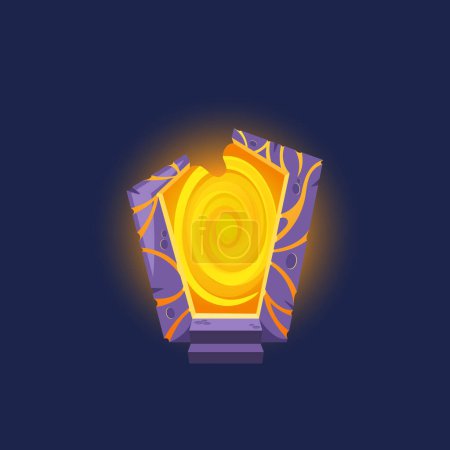 Lebendiges, gelbes wirbelndes Portal, umhüllt von einem aufwändigen lila Steinrahmen, Cartoon Vector Mysterious Torbogen oder Torweg Für Spiele oder Konzepte mit Bezug zu Fantasie, Magie, Zeitreise und Abenteuer