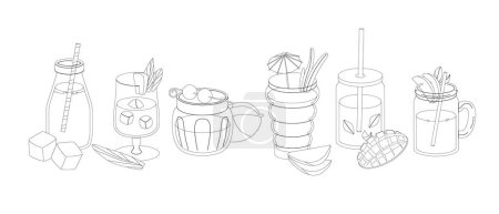 Cocktails de mangue noir et blanc et boissons tropicales dans le style Line Art. Ensemble vectoriel de différents contenants de boissons, chacun décoré avec des tranches de mangue et des éléments décoratifs tels que des pailles et des parapluies