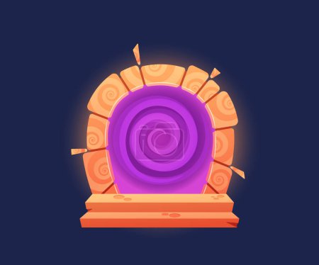 Dessin animé, captivant portail magique violet, doté d'une barrière plasma spirale vortex et cadre en pierre orné sur fond sombre. Passerelle vectorielle accrocheuse pour des thèmes de fantaisie, d'aventure et de mystère