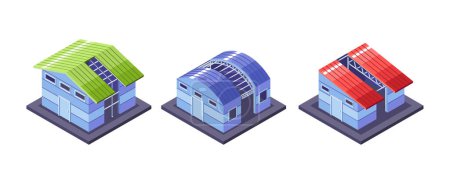 Téléchargez les illustrations : Vue imprenable de trois bâtiments, chacun construit avec un cadre métallique. Les structures modernes vectorielles comprennent une maison traditionnelle avec des panneaux solaires, un entrepôt bleu à toit rond et un bâtiment à toit rouge. - en licence libre de droit