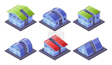 Illustration for Isometric View Of Six Vector Buildings Constructed With Metal Frames, Featuring Different Architectural Style And Vibrant Roof Colors Such As Green, Blue And Red. Modern Architecture Constructions Set - Royalty Free Image