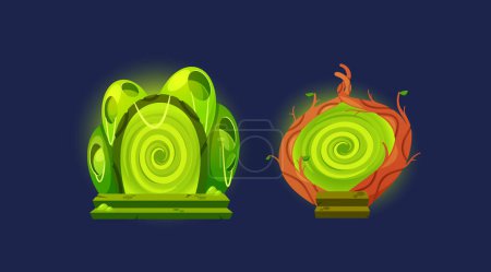 Deux portails mystiques thématiques autour des éléments de la nature. Vecteur de bande dessinée Portes lumineuses avec vortex vert vibrant, orné d'arcs de branche d'arbre, symbolisant la nature luxuriante pour le livre de fantaisie et les jeux magiques