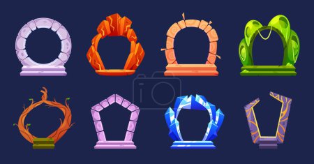 Acht verschiedene magische Portale mit einzigartigen Elementarthemen wie Stein, Feuer, Holz und Kristall. Vektor-Rahmen perfekt für den Einsatz in Spielen, Fantasy-Illustrationen oder mystischen Themen