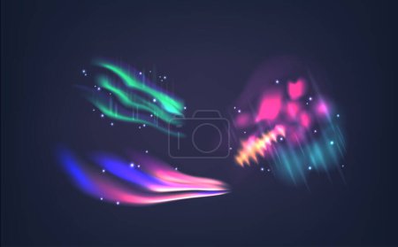 Ilustración de Luces boreales mostrando tonos de verde, rosa y azul contra un telón de fondo oscuro. Exhibición vibrante del vector del resplandor etéreo neón-coloreado y las estrellas brillantes evocan un sentido de la maravilla y de la belleza cósmica - Imagen libre de derechos