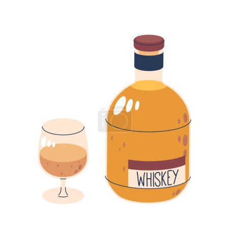 Whiskey-Flasche neben einem gefüllten Glas isoliert auf weißem Hintergrund. Zeichentrickvektorillustration für Projekte im Zusammenhang mit Getränken, Bars, Freizeitgetränken, Menüs, Werbung oder Artikeln