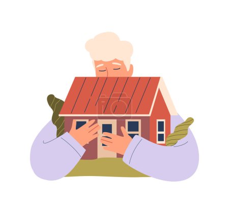Mann umarmt zärtlich ein kleines Musterhaus und symbolisiert Nostalgie und Wohnkomfort. Vektor-Konzept emotionaler Verbindung und tiefer Zuneigung zu Heimat, Sicherheit, Familienerinnerungen und Sentimentalwert