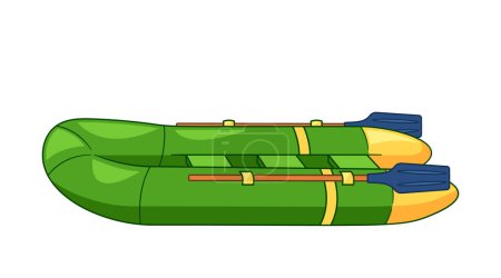 Barco inflable aislado en color verde brillante con acentos amarillos y con un par de paletas azules. Ilustración de vectores de dibujos animados para deportes acuáticos, actividades de ocio o contenido temático de aventura