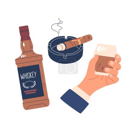 Illustration for Whiskey Bottle, Hand Holding A Glass Filled With Alcohol And Smoldering Cigar Resting In An Ashtray. Contemporary Cartoon Vector Set Captures The Essence Of A Relaxed Evening With A Sophisticated Vibe - Royalty Free Image