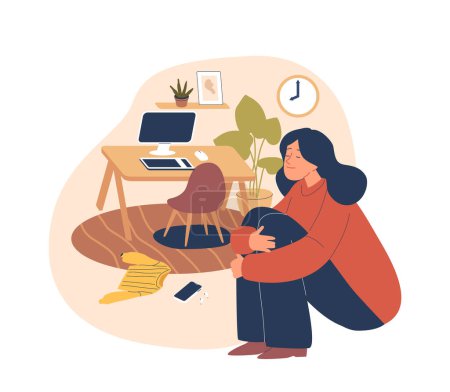 Illustration vectorielle de la femme assise sur le sol à la maison confortable, étreignant ses genoux, avec une expression calme. Fille imprégnée de souvenirs, entourée de bureau d'ordinateur, chaise, usine, et une horloge sur le mur