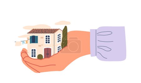 Illustration for Giant Hand Gently Holding A Small, Detailed House. Vector Concept Of Care And Nostalgia. Themes Of Home Protection, Memory, Family Safety, Real Estate Security And Personal Property Care - Royalty Free Image