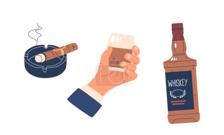 Illustration for Hand Holding A Glass Of Whiskey Next To A Bottle And An Ashtray With A Smoking Cigar. Vector Set Related To Tasting High-quality Whiskey And Enjoying A Premium Cigar, Leisure, And Luxury Lifestyle - Royalty Free Image