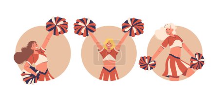 Illustration for Isolated Vector Round Icons Or Avatars With Cartoon Cheerleader Girl Characters Display Enthusiasm And Team Spirit As They Perform With Colorful Pompoms, Capture The Dynamism And Joy Of Cheerleading - Royalty Free Image