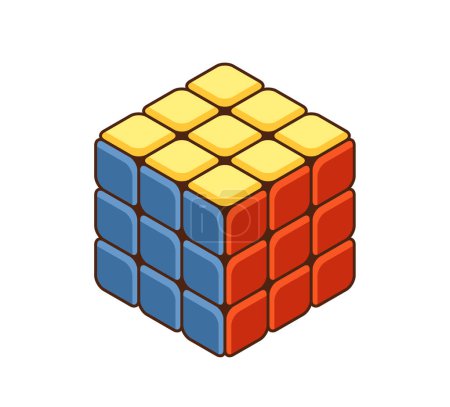 Cubo de Rubiks completado mostrando cuadrados coloridos en una vista tridimensional. Ilustración de vectores de dibujos animados perfecta para temas relacionados con rompecabezas, lógica, inteligencia y resolución de problemas