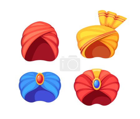 Conjunto vibrante de coloridos turbantes orientales tradicionales. Cuatro prendas étnicas en colores rojo, azul y amarillo. Ilustración de vectores de dibujos animados para representación cultural, eventos festivos y diseño de moda