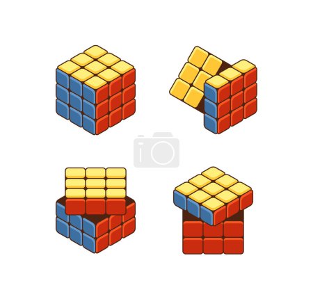 Cuatro cubos de Rubik mostrando diferentes configuraciones resueltas y sin resolver aisladas sobre fondo blanco. Ilustración de vectores de dibujos animados relacionados con rompecabezas, resolución de problemas, inteligencia o desafío