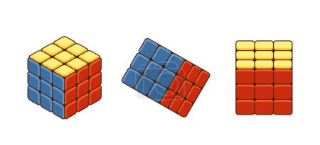 Trois Rubiks Cubes dans différents états d'achèvement. L'un est complètement résolu, tandis que les deux autres sont partiellement brouillés. Concept vectoriel des défis, de la résolution de problèmes et des activités de résolution de problèmes