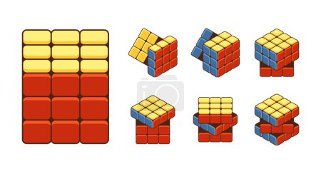 Diferentes etapas de resolver un cubo de Rubiks. La imagen vectorial incluye varios pasos y ángulos, que representan el proceso y el desafío de este clásico rompecabezas Brainteaser Toy. Ilustración de vectores de dibujos animados