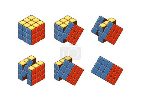 Cubo de Rubiks mostrado en diferentes etapas de manipulación y resolución. La imagen vectorial muestra una variedad de configuraciones del cubo del rompecabezas. Vector de dibujos animados conceptos de lógica, resolución de problemas y juegos