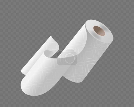 Rouleau unique de serviettes en papier blanc déployant légèrement, isolé sur un fond transparent. Image vectorielle 3D réaliste parfaite pour les concepts liés à la propreté, à l'hygiène et aux tâches ménagères