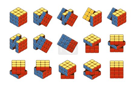 Diferentes etapas de resolver un cubo de Rubiks en varias posiciones y movimientos, destacando la complejidad y resolver el proceso de este popular juego de rompecabezas de cubo rubio. Ilustración de vectores de dibujos animados